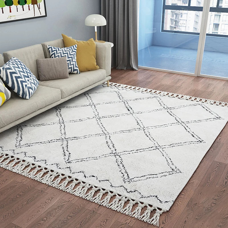 Handmade Morocco Style Geometric Plaid Living Room Carpet and Rug Beige White Turkey Home Bedroom Carpet With Tassel Decoration