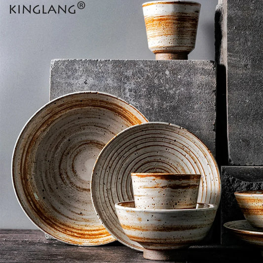 Kinglang Japanese Handmade Coarse Pottery Tableware Retro Ceramic Plate Flat Dish Household Rice Noodle Bowl Soup Bowl