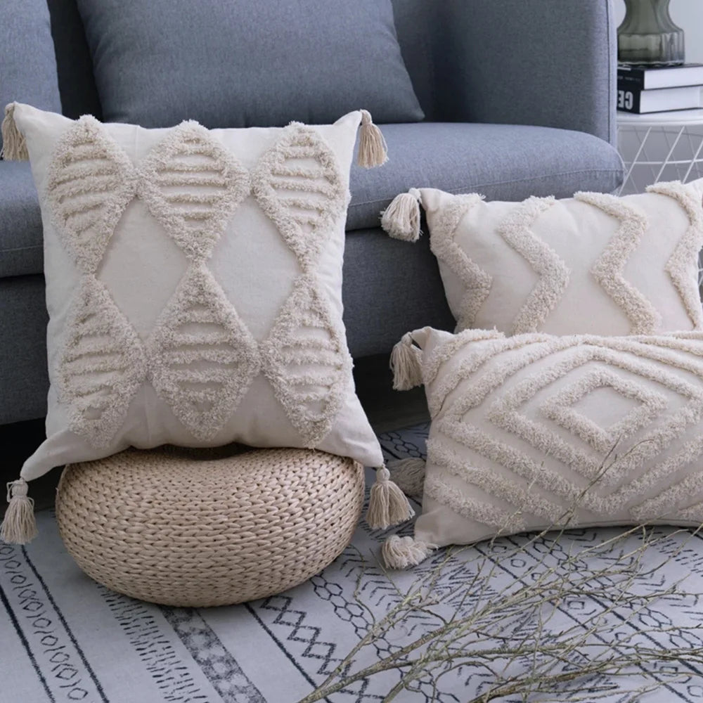 Sofa Living Room Decoration Boho  Pillowcase With Tassels Handmade Woven Pillowcase Home Decor Beige Tassels Cushion Cover