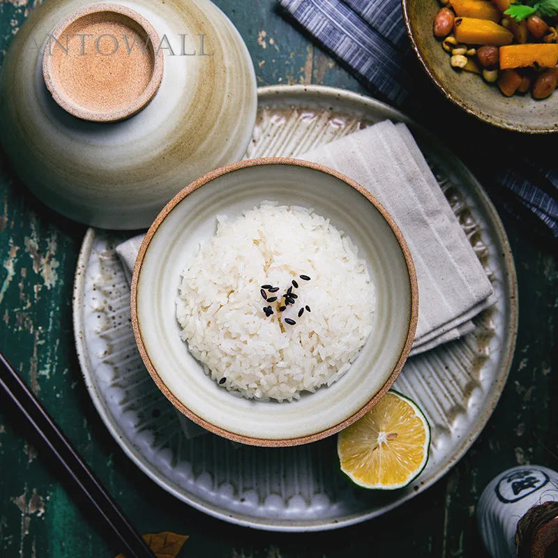 ANTOWALL Personality Japanese-style handmade vintage ceramic restaurant tableware household porcelain rice bowl soup noodle bowl