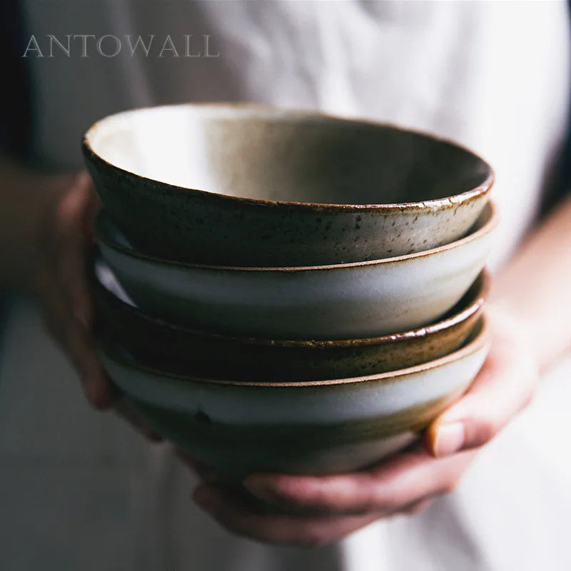 ANTOWALL Personality Japanese-style handmade vintage ceramic restaurant tableware household porcelain rice bowl soup noodle bowl