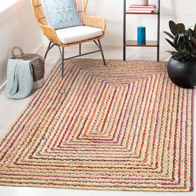 Living Room Carpet Bohemian Style Natural Jute and Cotton Traditional Hand Knitting Rug Home Decoration Wear Resistant Soft Mats