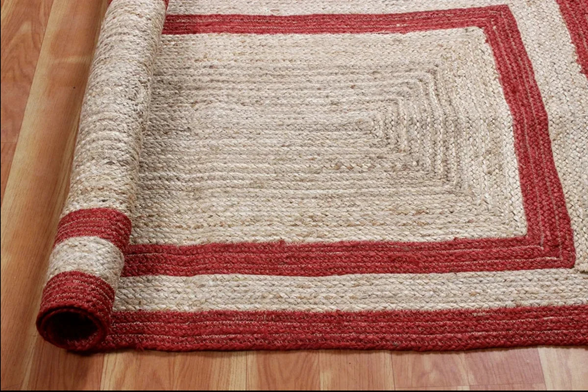 Rug 100% Natural Jute Braided Handmade Carpet Rustic Modern Look Area Rug Red Double Stripe Decoration Runner Rugs