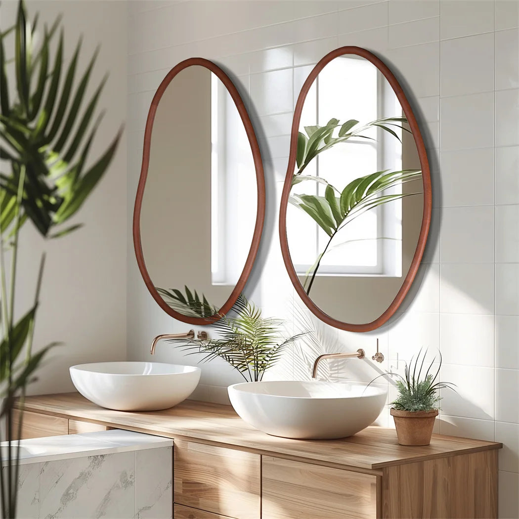 LUVODI Mid Century Asymmetrica Large Wall Mirror with Irregular Wood Frame Dressing Mirror