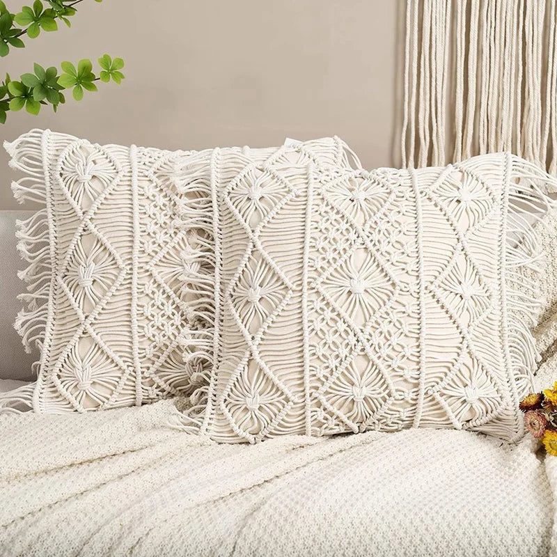 1 Set Of 2 Pillow Cover Boho Cushion Cover Lace Pillowcase Cotton Decorative Fringe