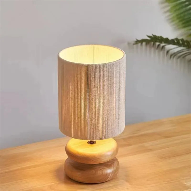 Solid Wood table lamp bedside Jute rope table Lamp for Bedroom Designer Study night Lamp Living Room Japanese Ambient Light