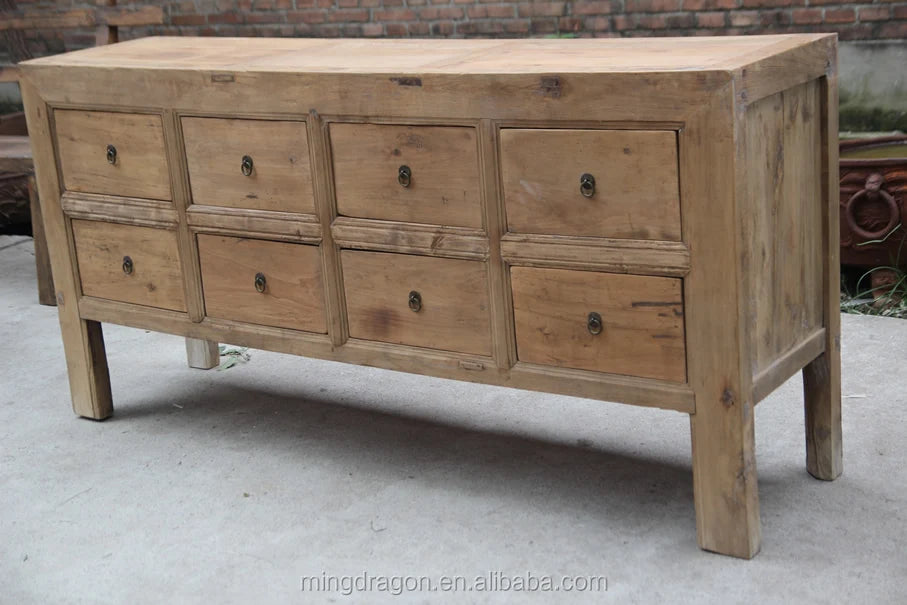 Antique classic natural reclaimed solid wood natural drawers cabinet sideboard