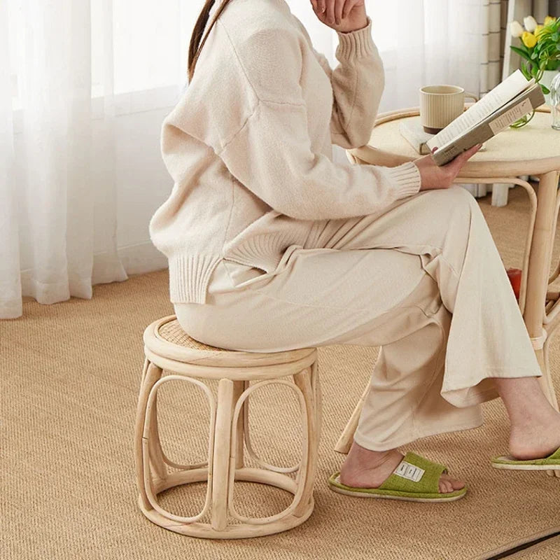 Furniture Rattan Woven Circular Stool Mobile Living Room Hallway Entrance Changing Shoes Bench Creative Plant Vine Drum Stools