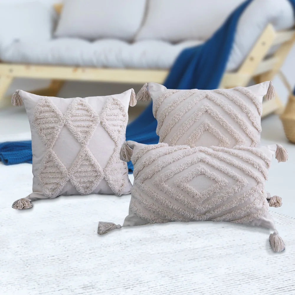 Sofa Living Room Decoration Boho  Pillowcase With Tassels Handmade Woven Pillowcase Home Decor Beige Tassels Cushion Cover