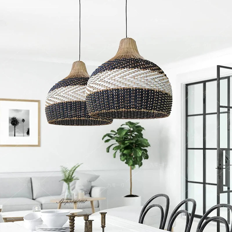 Serena Blue Rattan Pendant Light Creative boho lamp for Dining Room hanging decoration home design farmhouse light fixtures