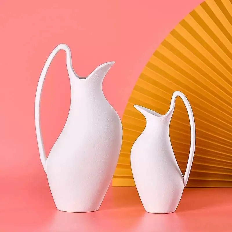 Ceramic vase White kettle shape handle irregular Handmade Flower vase Flower arrangement handicraft ornaments Home Decoration