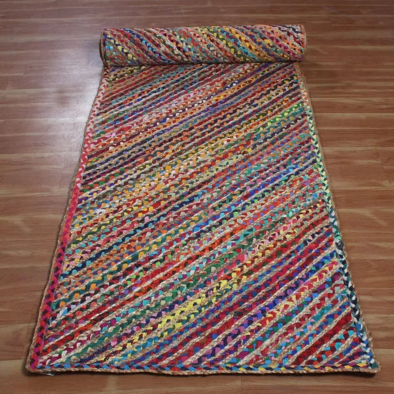 Runner Rug Rectangle Jute Cotton Natural Handmade Carpet Braided Style Area Rug