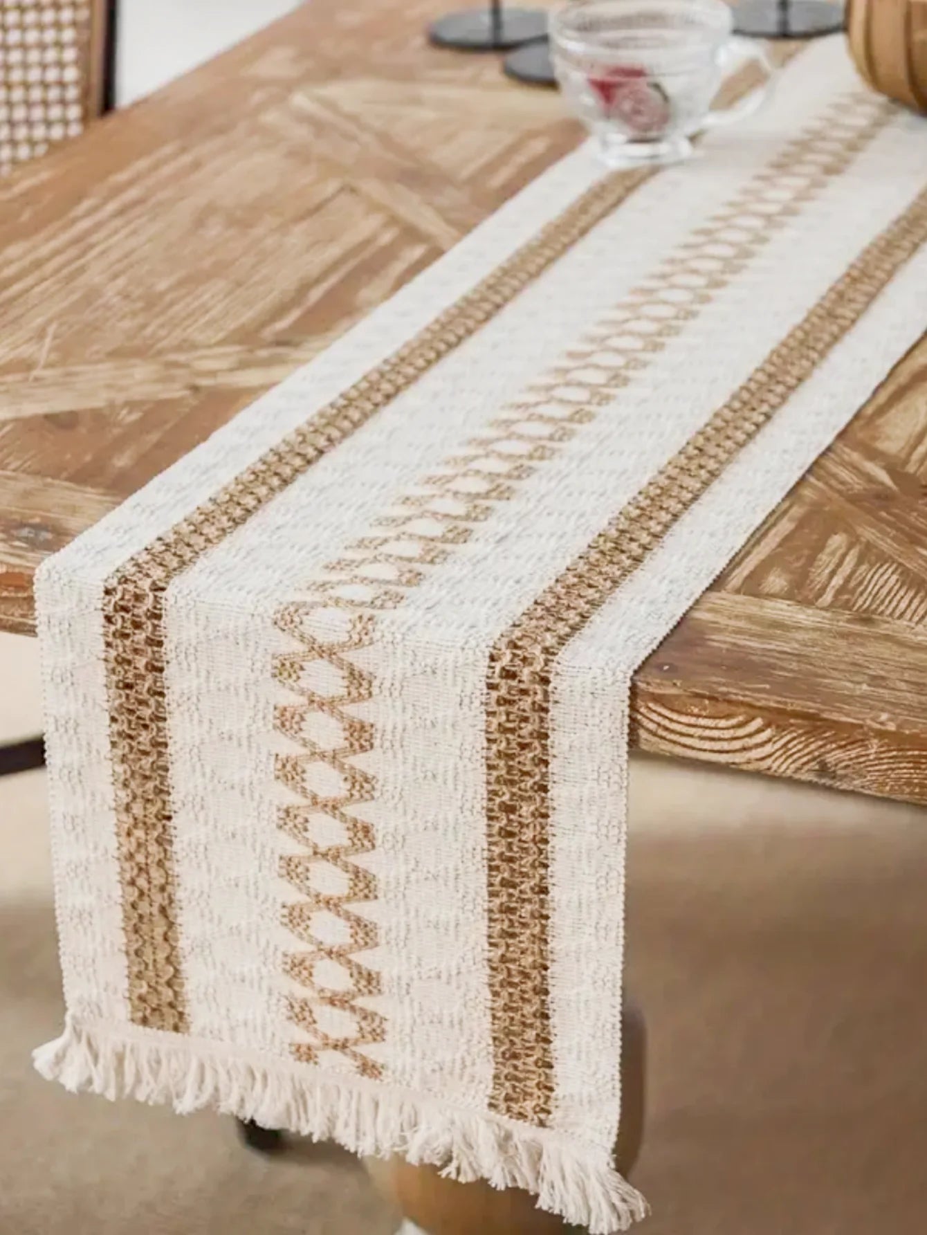 Boho Table Runner for Home Decor Macrame Cream & Brown Farmhouse Table Runner with Tassels for Bohemian Dining Bedroom Decor