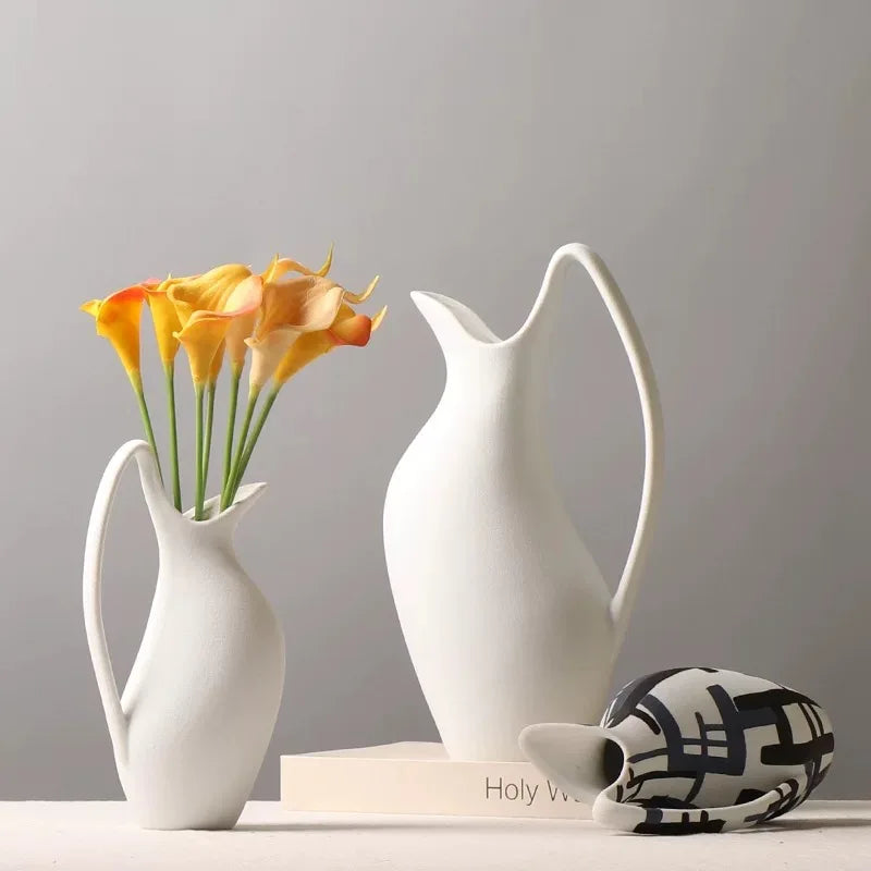 Ceramic vase White kettle shape handle irregular Handmade Flower vase Flower arrangement handicraft ornaments Home Decoration