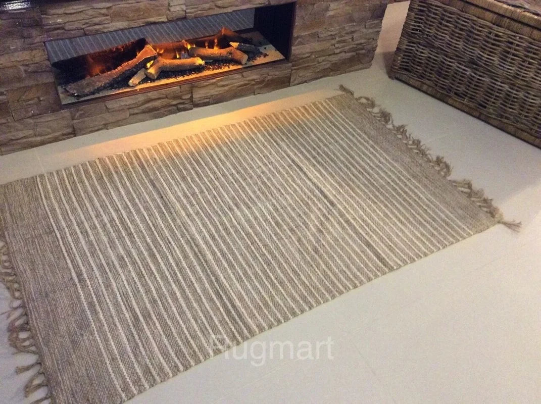 Rugs for Bedroom Striped Natural Cotton Jute Handloomed  Beige Washable Reversible Area Rugs