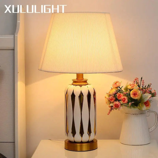 Bedside Ceramic Table Lamp Room Bedroom Decoration Lamps For Living Room Fabric Lampshade Remote Control Desk Lamp LED Lights