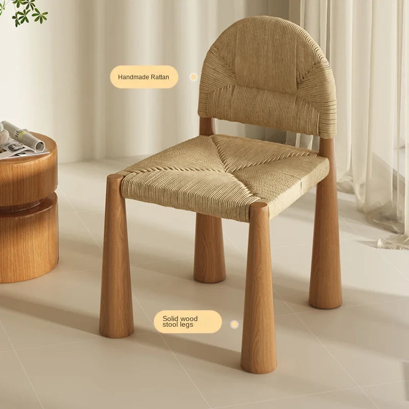 Japanese Style Solid Wood Dining Chair Retro Living Room Backrest Rattan Leisure Seating Home Furniture