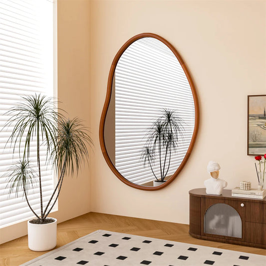 LUVODI Mid Century Asymmetrica Large Wall Mirror with Irregular Wood Frame Dressing Mirror