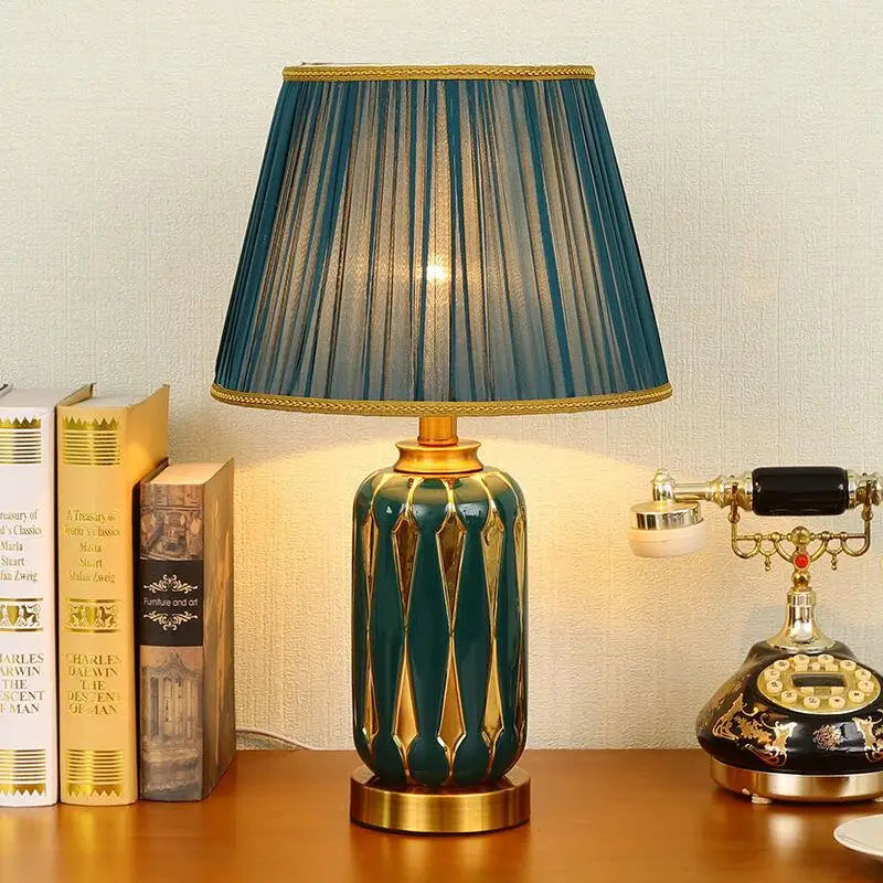 Bedside Ceramic Table Lamp Room Bedroom Decoration Lamps For Living Room Fabric Lampshade Remote Control Desk Lamp LED Lights