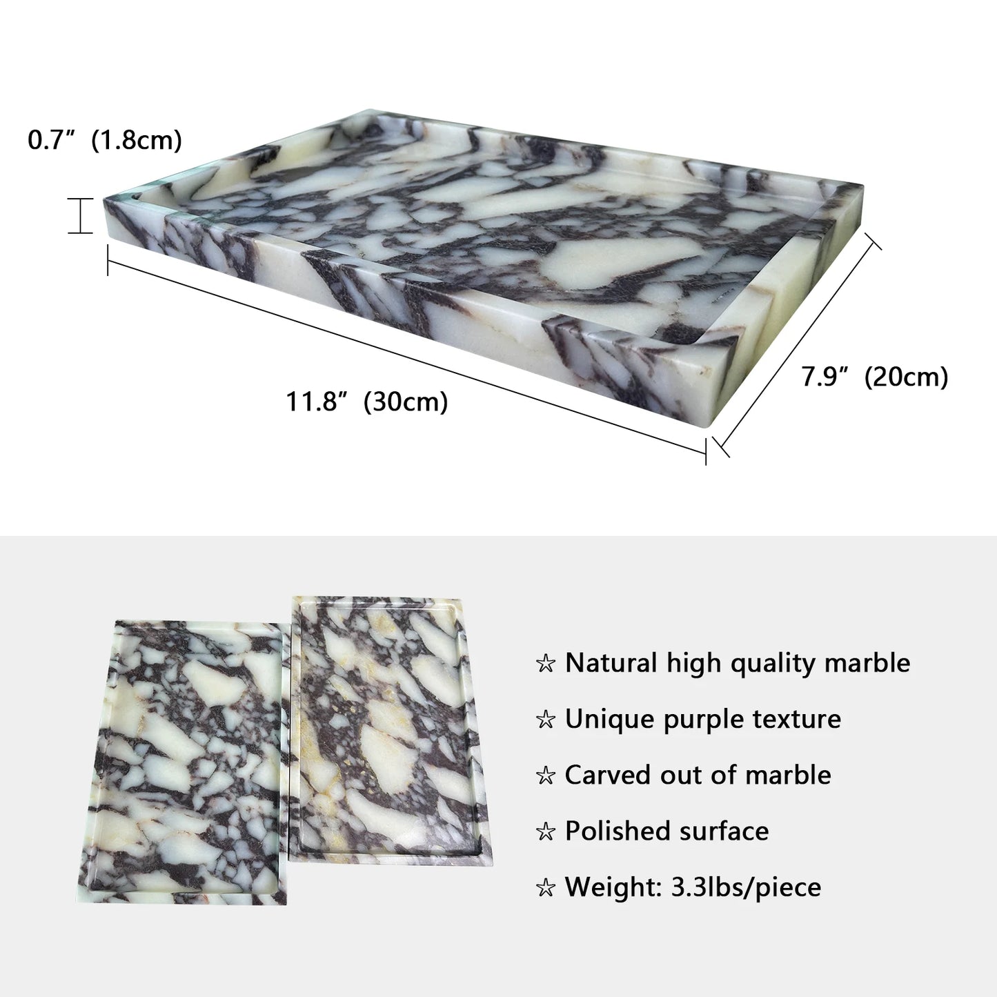 Luxurious Natural Marble Tray Calcutta Viola Storage Tray for Desktop/Kitchen/Vanity/Bathroom (12" x 8")