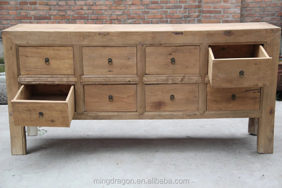 Antique classic natural reclaimed solid wood natural drawers cabinet sideboard