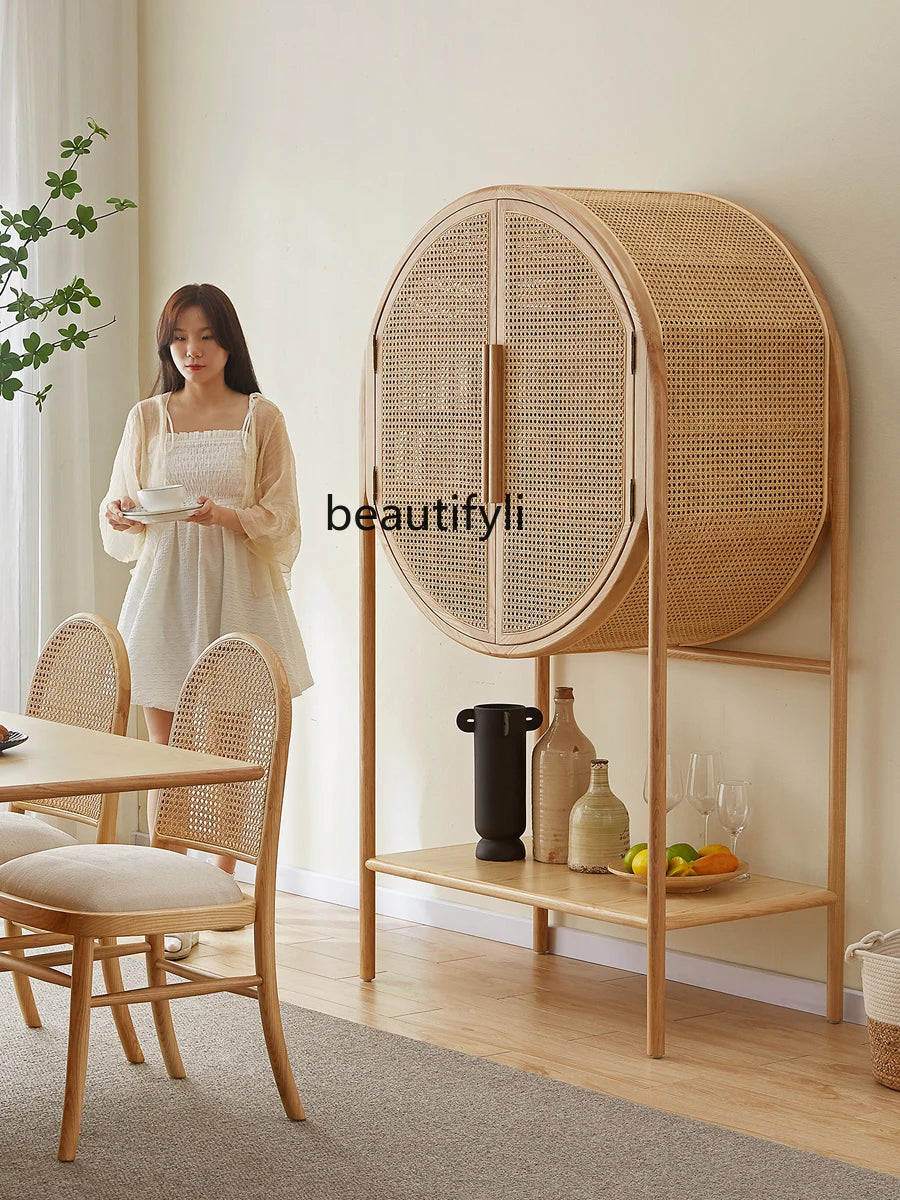 Japanese-Style Solid Wood Rattan Wine Cabinet Display Showcase Living Room Home Modern Simple Small Apartment furniture