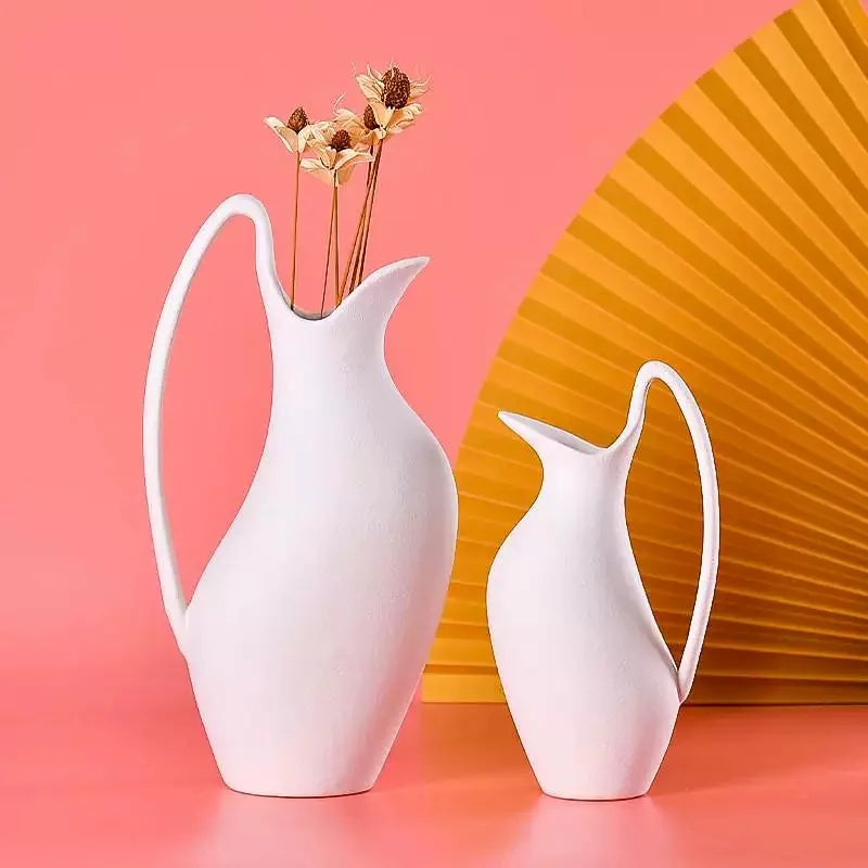 Ceramic vase White kettle shape handle irregular Handmade Flower vase Flower arrangement handicraft ornaments Home Decoration