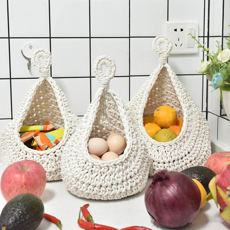 Wall Hanging Fruit Vegetable Food Basket Boho Woven Cotton Rope Wall-mounted Storage Basket Plant Organizer Kitchen Container