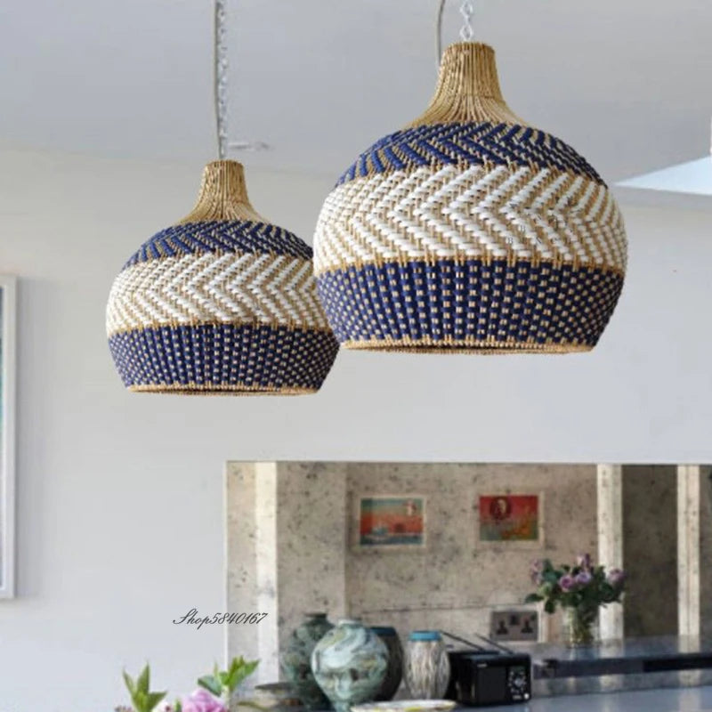 Serena Blue Rattan Pendant Light Creative boho lamp for Dining Room hanging decoration home design farmhouse light fixtures