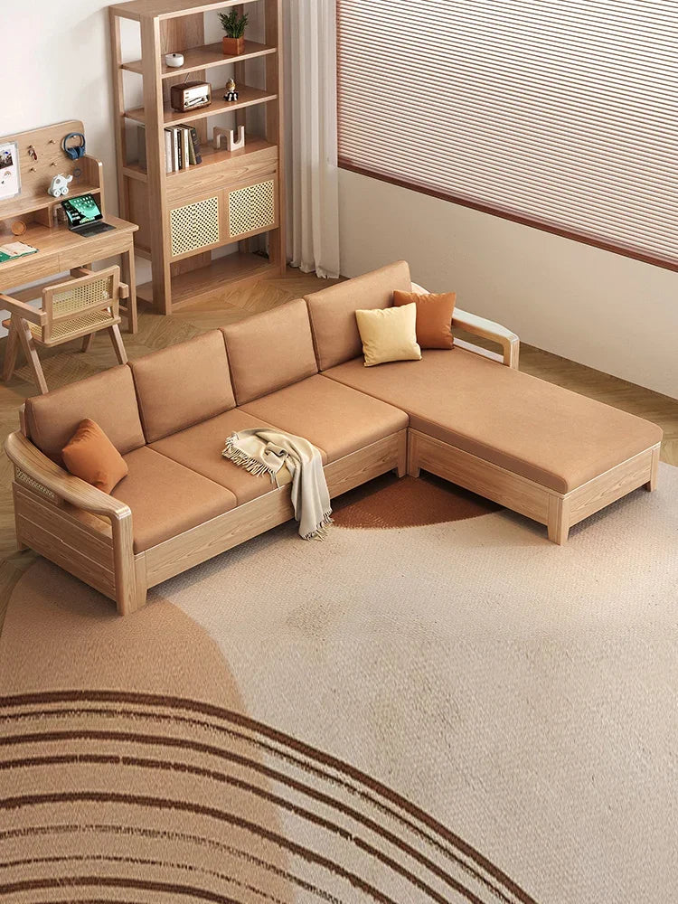 White Wax Wood Solid Wood Living Room Combination Three-Seat Log Style Straight Row Technology Cloth Sofa