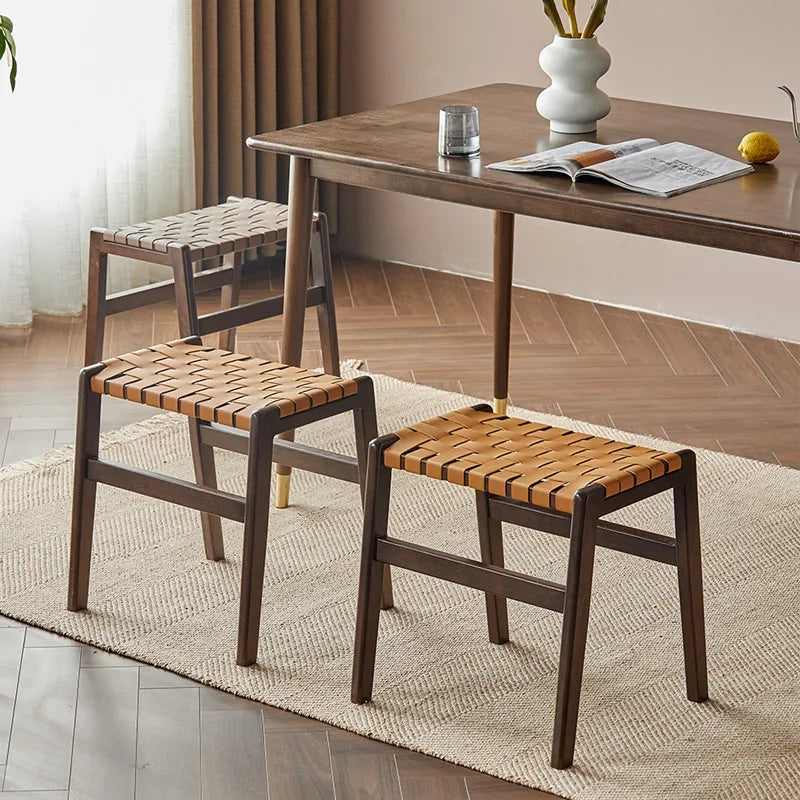 Simple Rattan Woven Square Stool Kitchen Comfortable Breathable Seat Living Room Furniture Makeup Chair Household Porch Bench