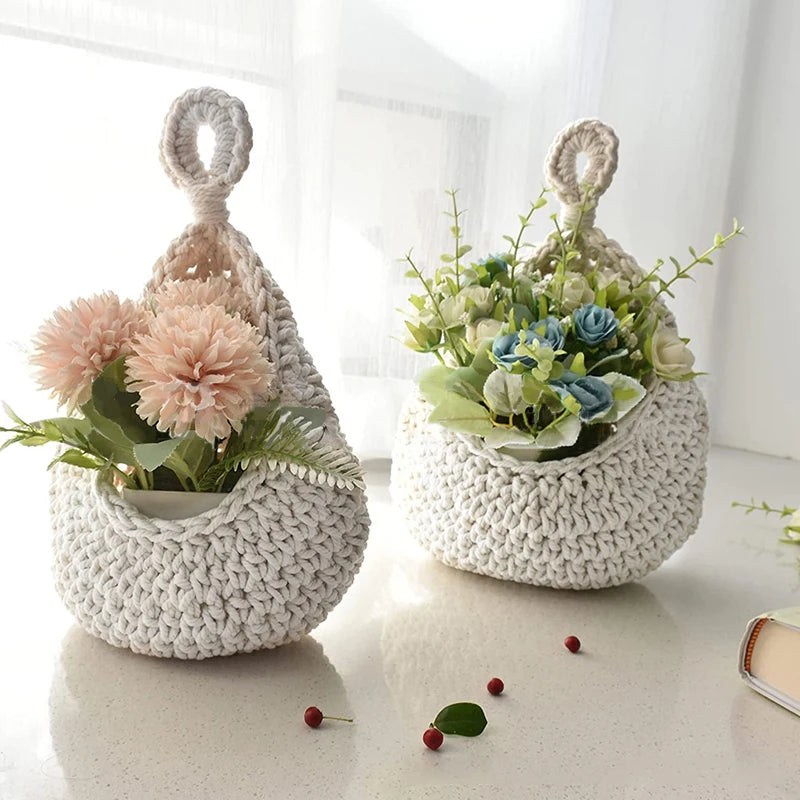 Wall Hanging Fruit Vegetable Food Basket Boho Woven Cotton Rope Wall-mounted Storage Basket Plant Organizer Kitchen Container