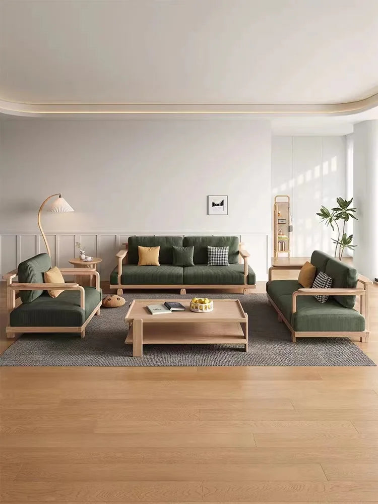 All solid wood sofa, Nordic white wax wood original wood sofa, small unit combination, modern and simple, quiet style living roo