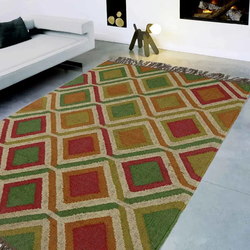 Rug Natural Jute Wool Carpet Handwoven Tassel Decoration Rectangle Colorful Area Rugs