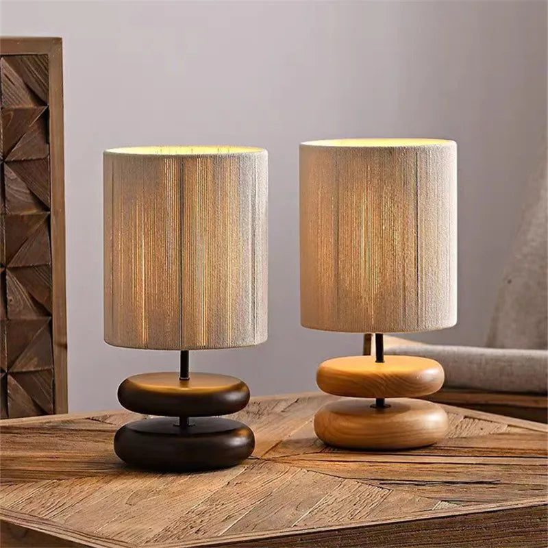 Solid Wood table lamp bedside Jute rope table Lamp for Bedroom Designer Study night Lamp Living Room Japanese Ambient Light