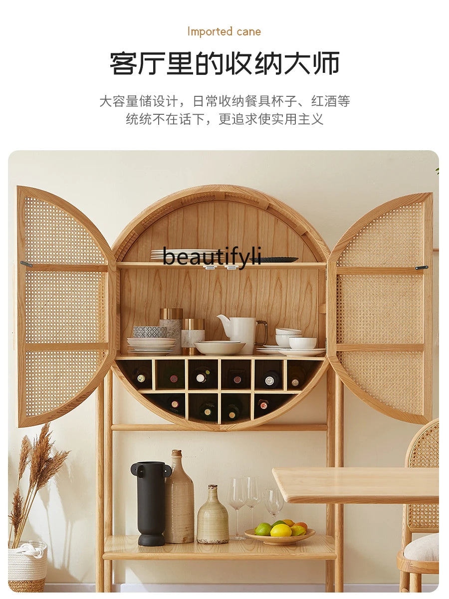 Japanese-Style Solid Wood Rattan Wine Cabinet Display Showcase Living Room Home Modern Simple Small Apartment furniture