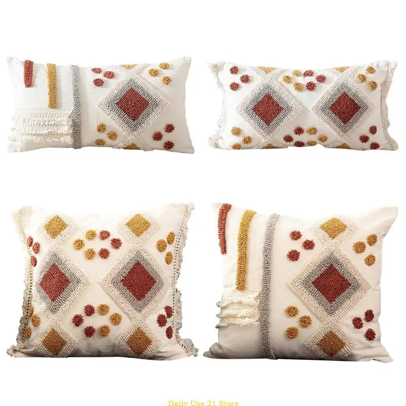 Boho Tufted Pillow for Case with Tassels Multicolor Diamond Striped Cushion Cove