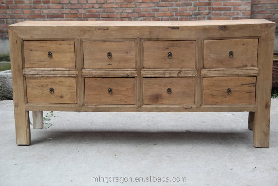 Antique classic natural reclaimed solid wood natural drawers cabinet sideboard