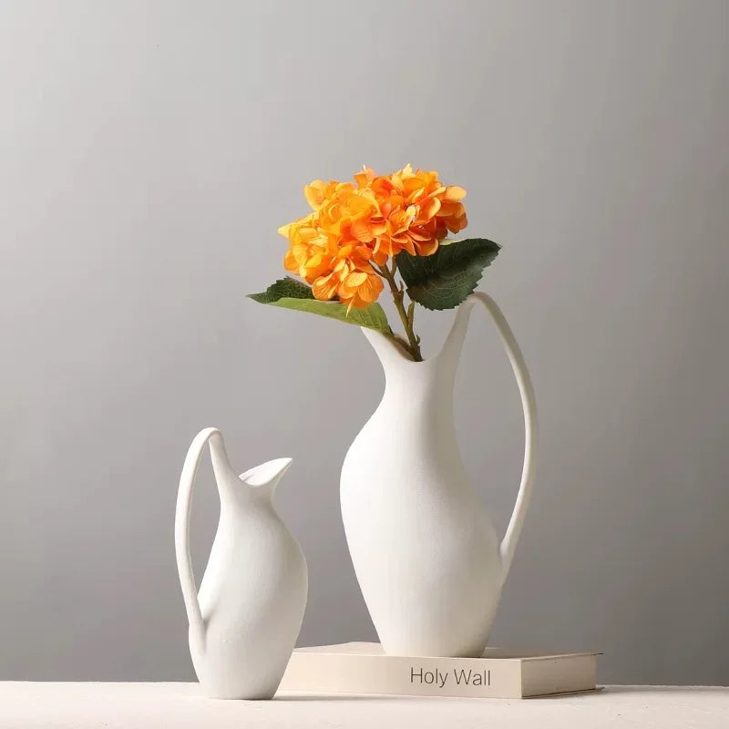 Ceramic vase White kettle shape handle irregular Handmade Flower vase Flower arrangement handicraft ornaments Home Decoration