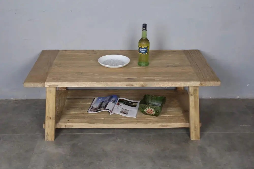 Hot sale farmhouse industrial style storage shelf center tea table antique natural reclaimed wooden sofa coffee table