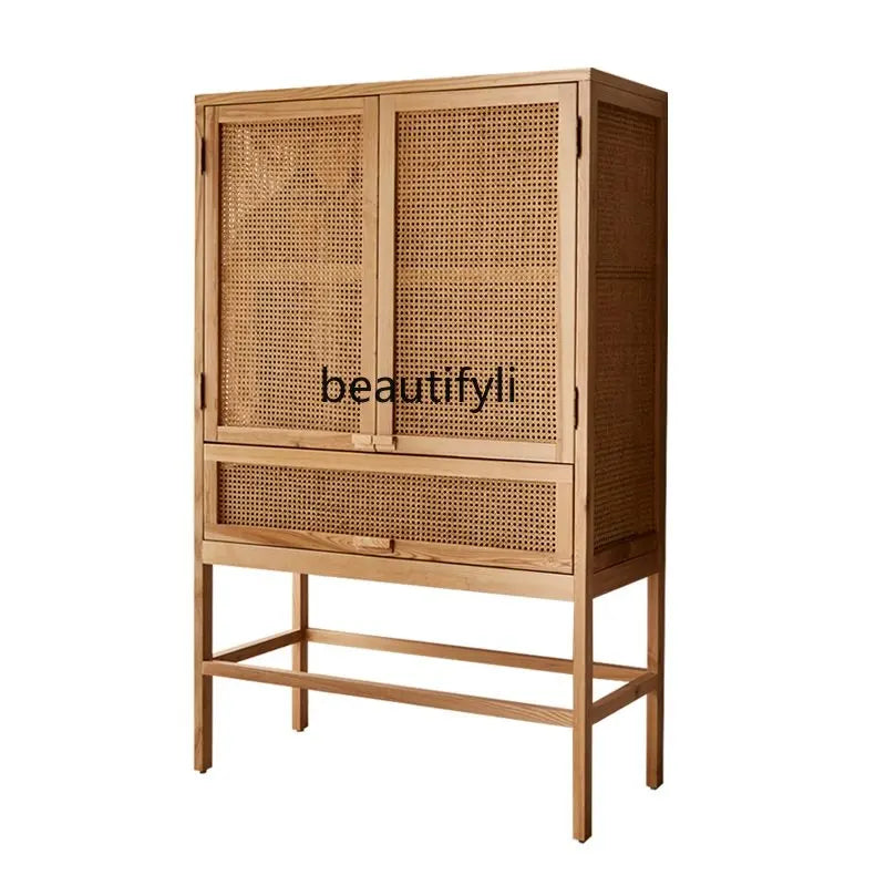 Rattan Solid Wood Wardrobe Nordic Bedroom Storage Cabinet Locker Homestay Hotel Furniture