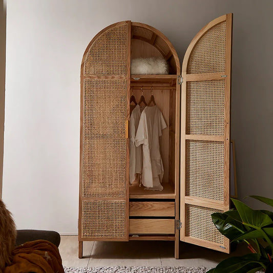 The product can be customized.INS simple rattan art cabinet modern simple solid wood frame wardrobe Nordic bed and