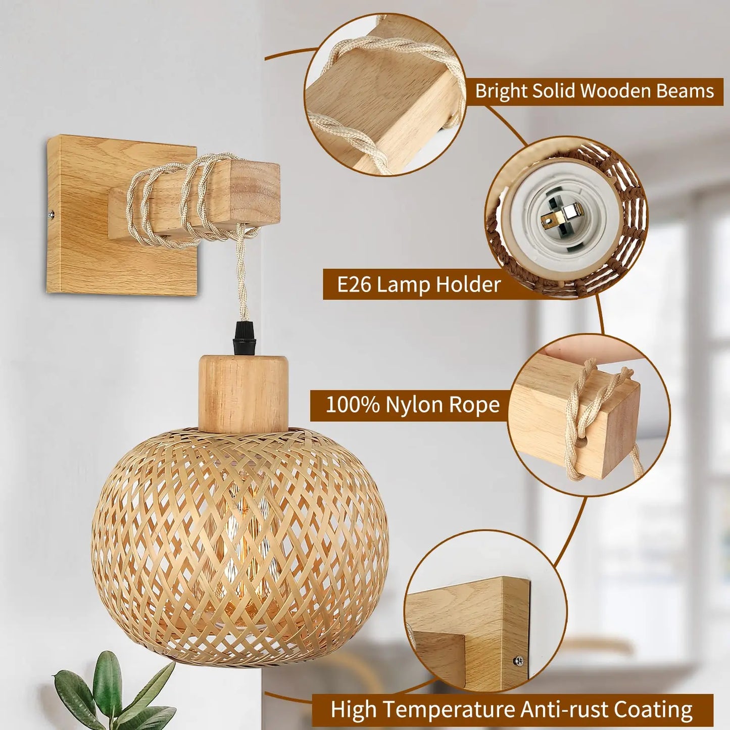 Rattan Wall Sconce Lighting Farmhouse Wall Mount Boho Sconces Light Fixture Indoor for Living Room(Bulb NOT Included)