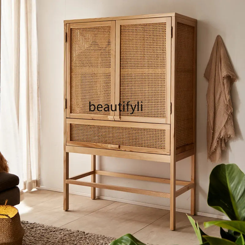 Rattan Solid Wood Wardrobe Nordic Bedroom Storage Cabinet Locker Homestay Hotel Furniture