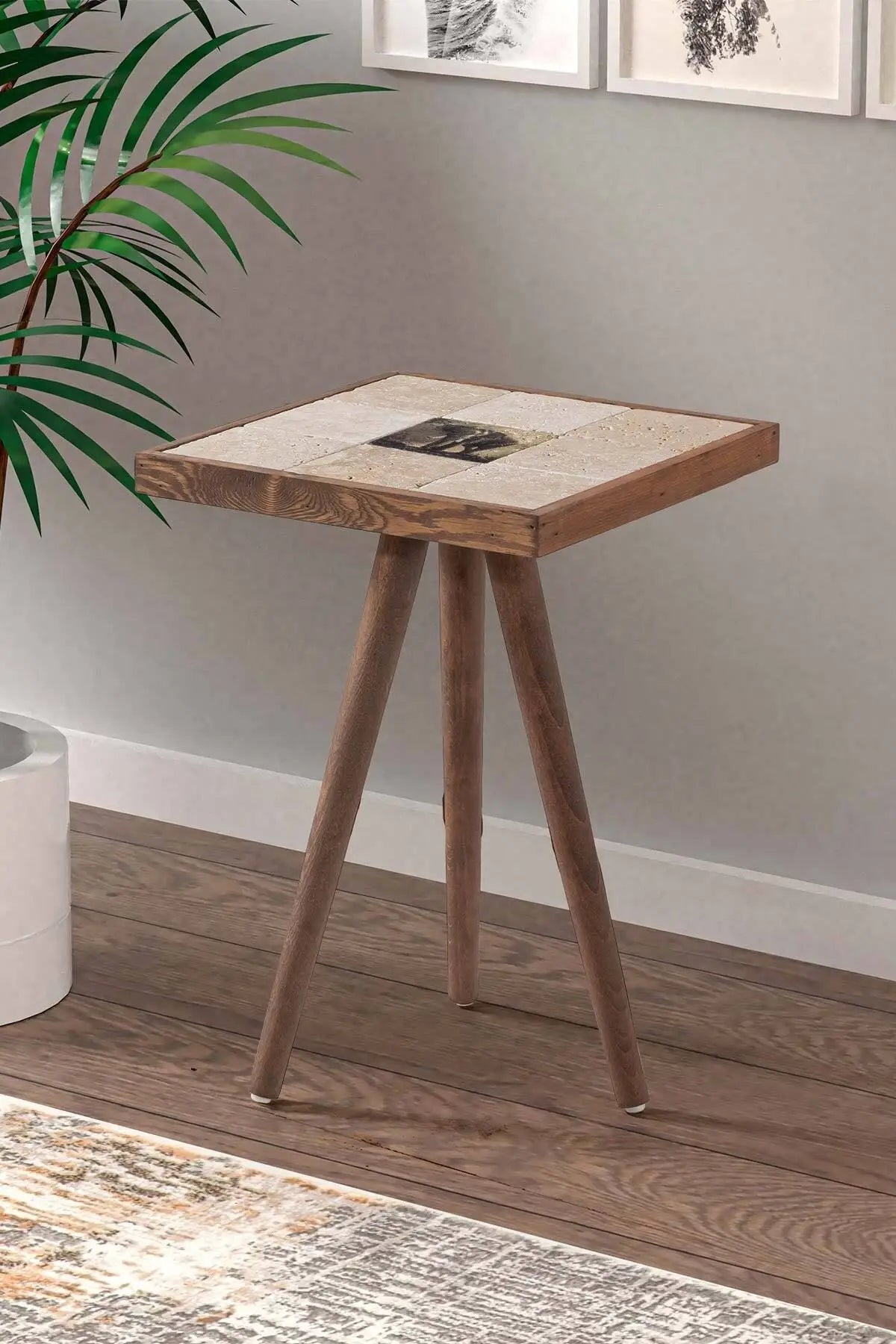 Rustic End Table with Black Elephant Print