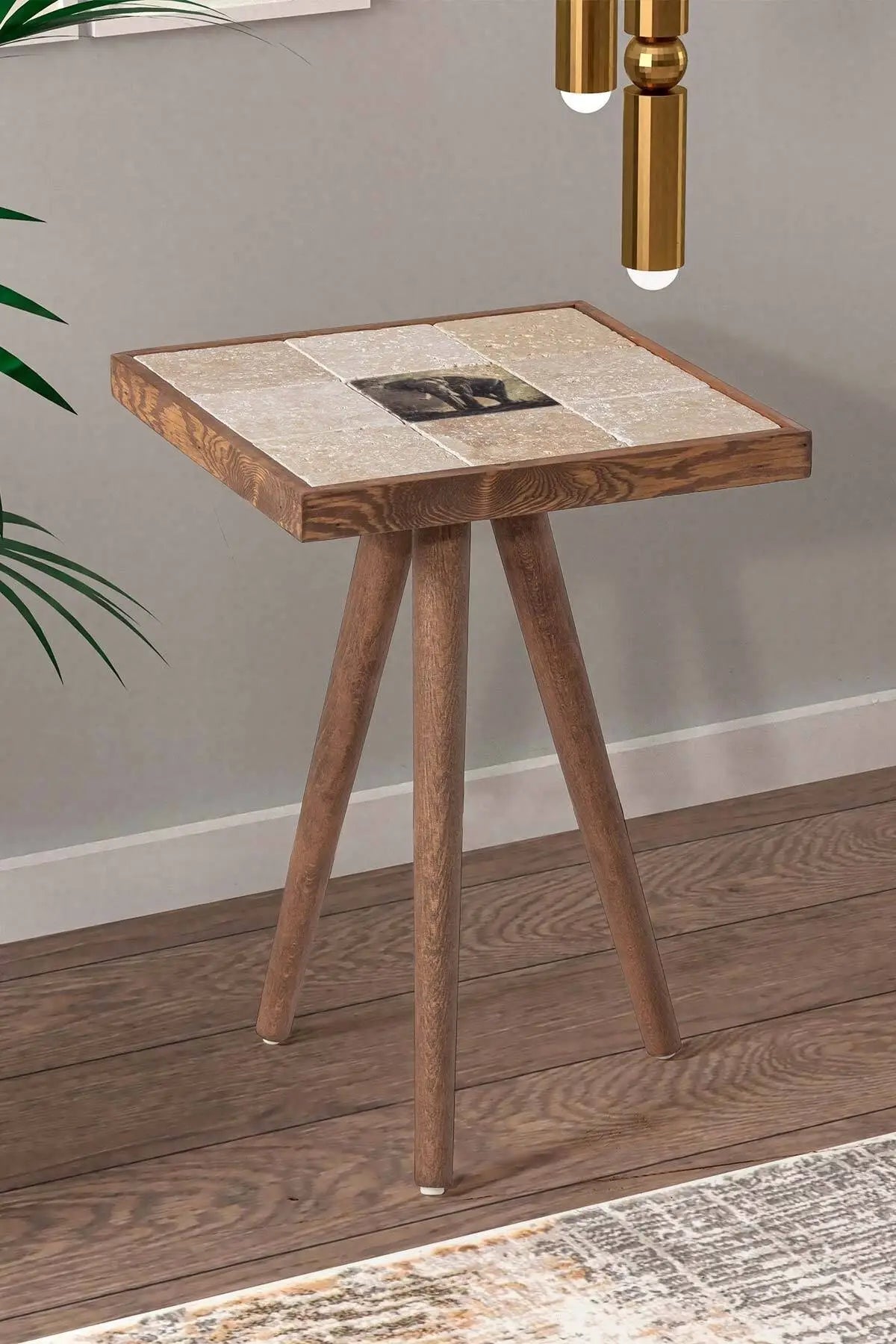 Rustic End Table with Black Elephant Print