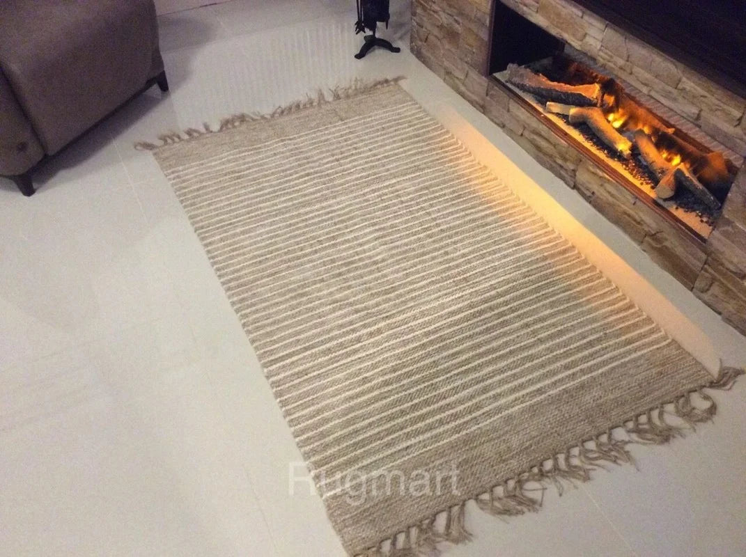 Rugs for Bedroom Striped Natural Cotton Jute Handloomed  Beige Washable Reversible Area Rugs