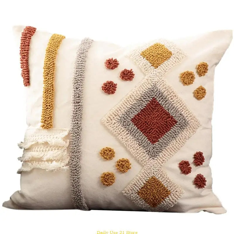 Boho Tufted Pillow for Case with Tassels Multicolor Diamond Striped Cushion Cove