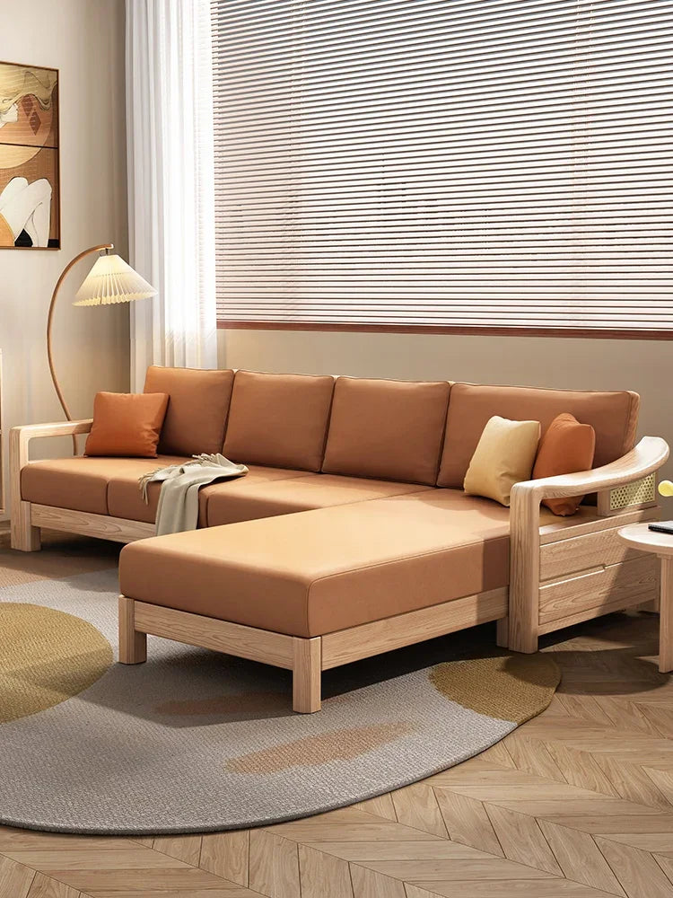 White Wax Wood Solid Wood Living Room Combination Three-Seat Log Style Straight Row Technology Cloth Sofa