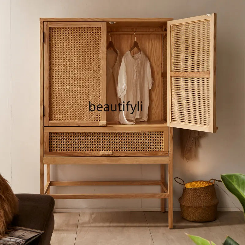 Rattan Solid Wood Wardrobe Nordic Bedroom Storage Cabinet Locker Homestay Hotel Furniture